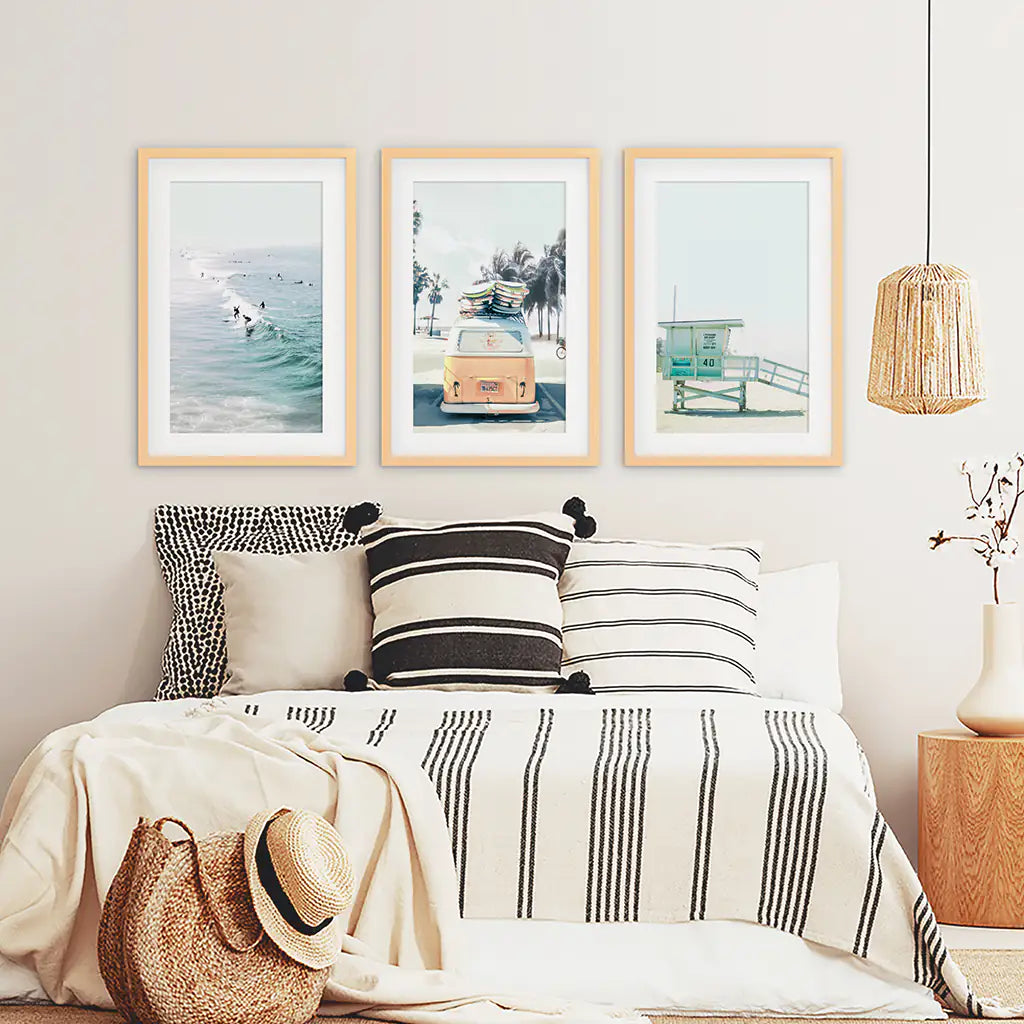 California Surf Wall Art Set of 3. Surfers, Van, Lifeguard
