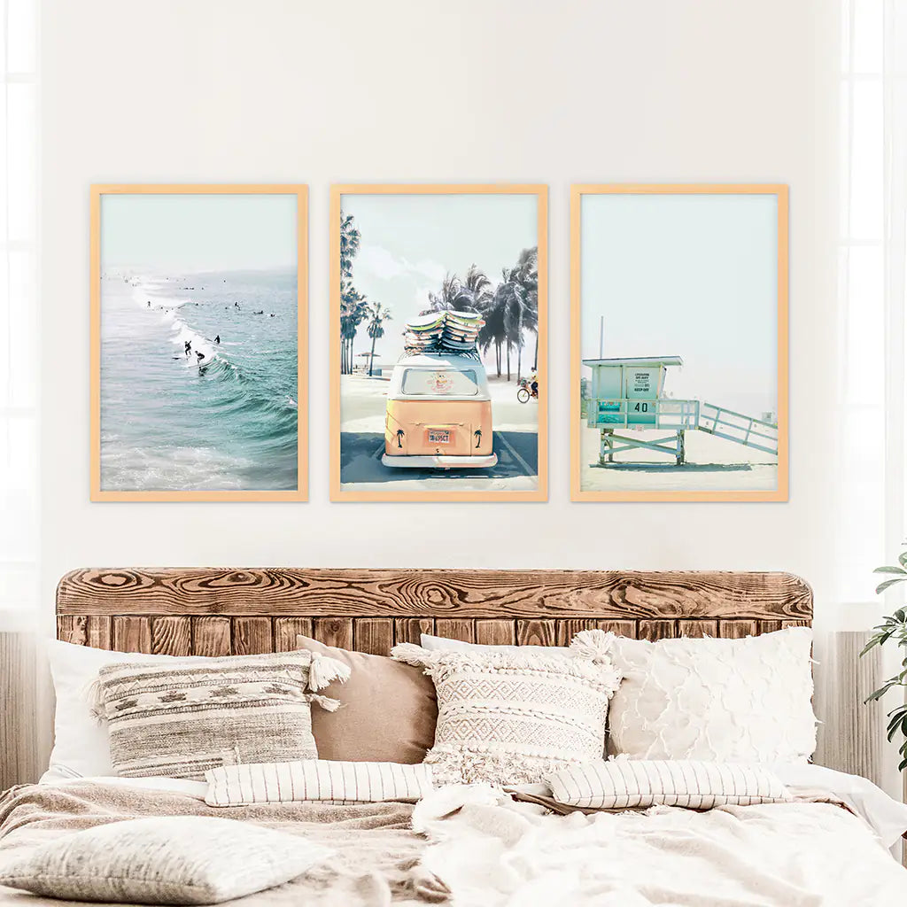 California Surf Wall Art Set of 3. Surfers, Van, Lifeguard