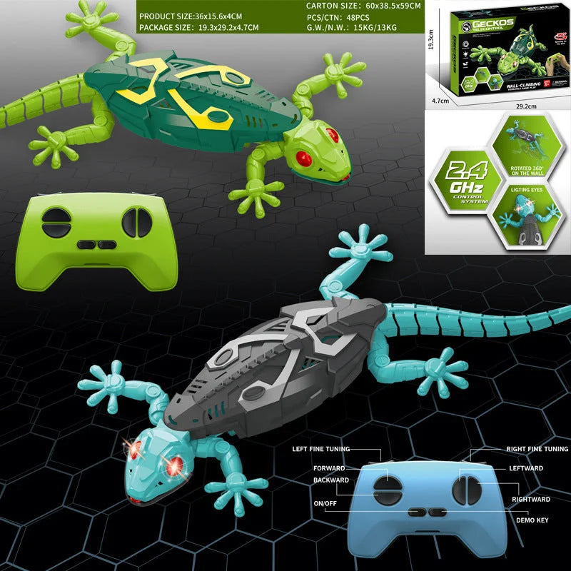 Wall-climbing gecko RC toy in green and blue colors showing remote control functions and product dimensions with packaging