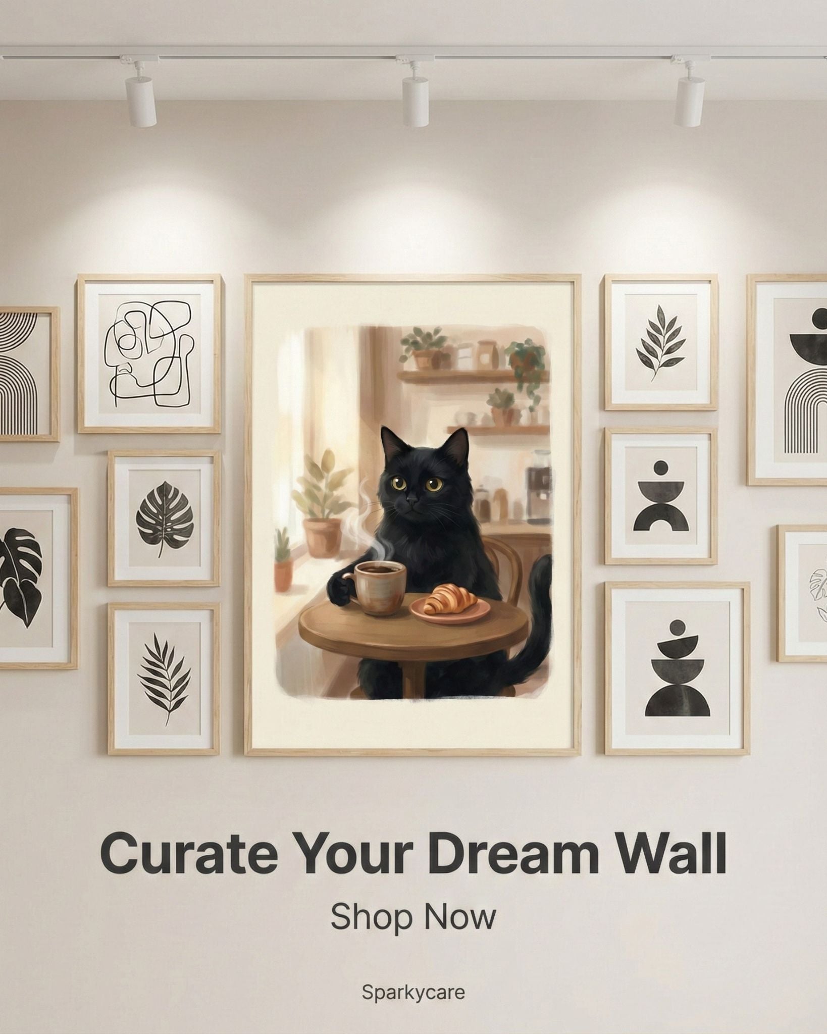 Wall art display with a black cat painting and various framed prints on a wall.