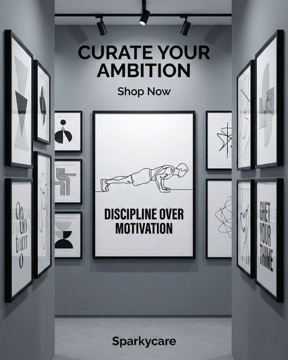 Wall art gallery with motivational posters and 'Curate Your Ambition' text.