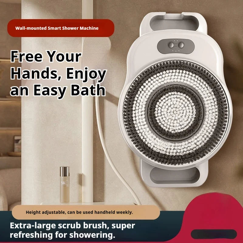 Wall mounted electric shower scrubber for hands free back and body washing