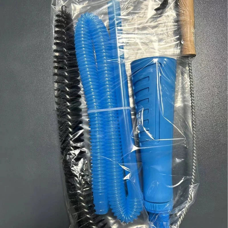 Washing machine cleaning brush set sealed in clear plastic packaging with flexible blue hose and black bristle brush