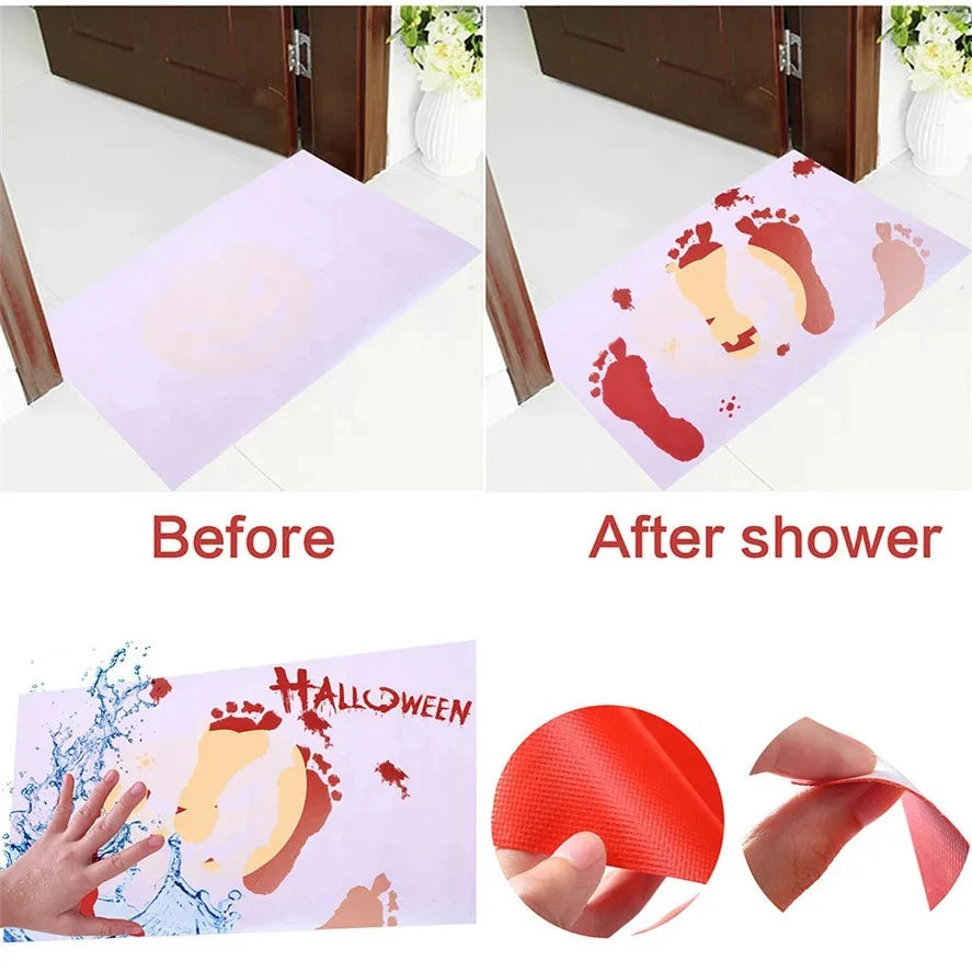 Water-activated bloody bath mat turns red with wet handprints