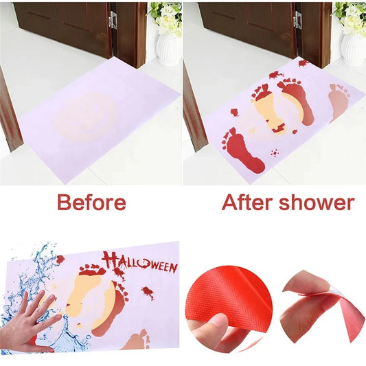 Water-activated bloody bath mat turns red with wet handprints