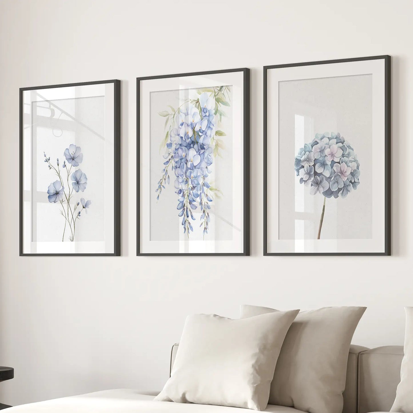 Blue Watercolor Flowers Wall Art Set of 3 Prints