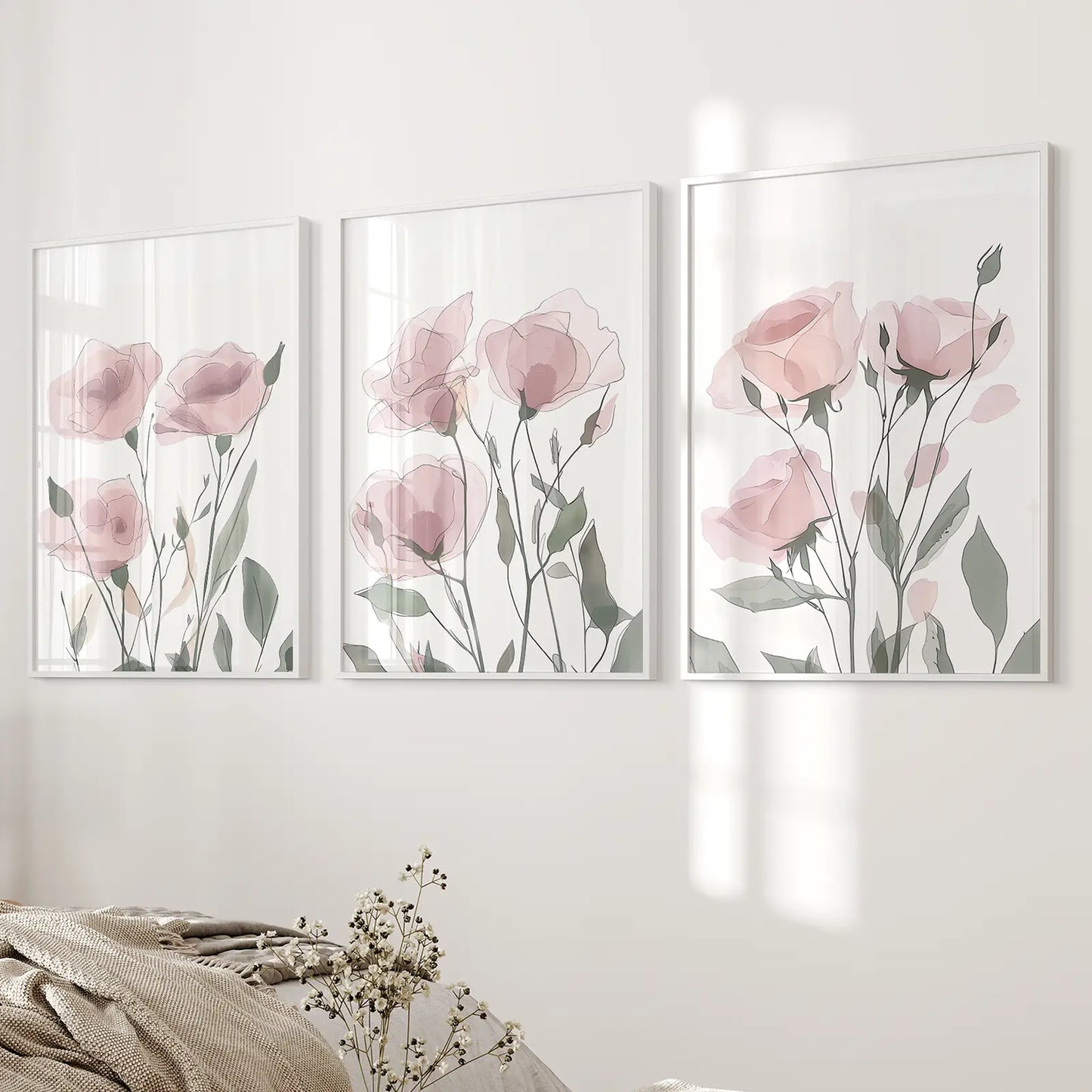 Blush pink watercolor flowers wall art set of 3 botanical prints