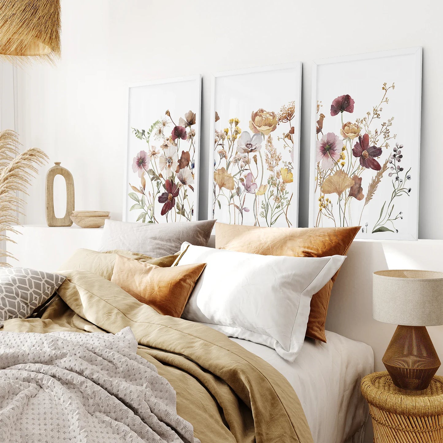 Brown Red Wildflower Wall Art Set of 3, Botanical Prints