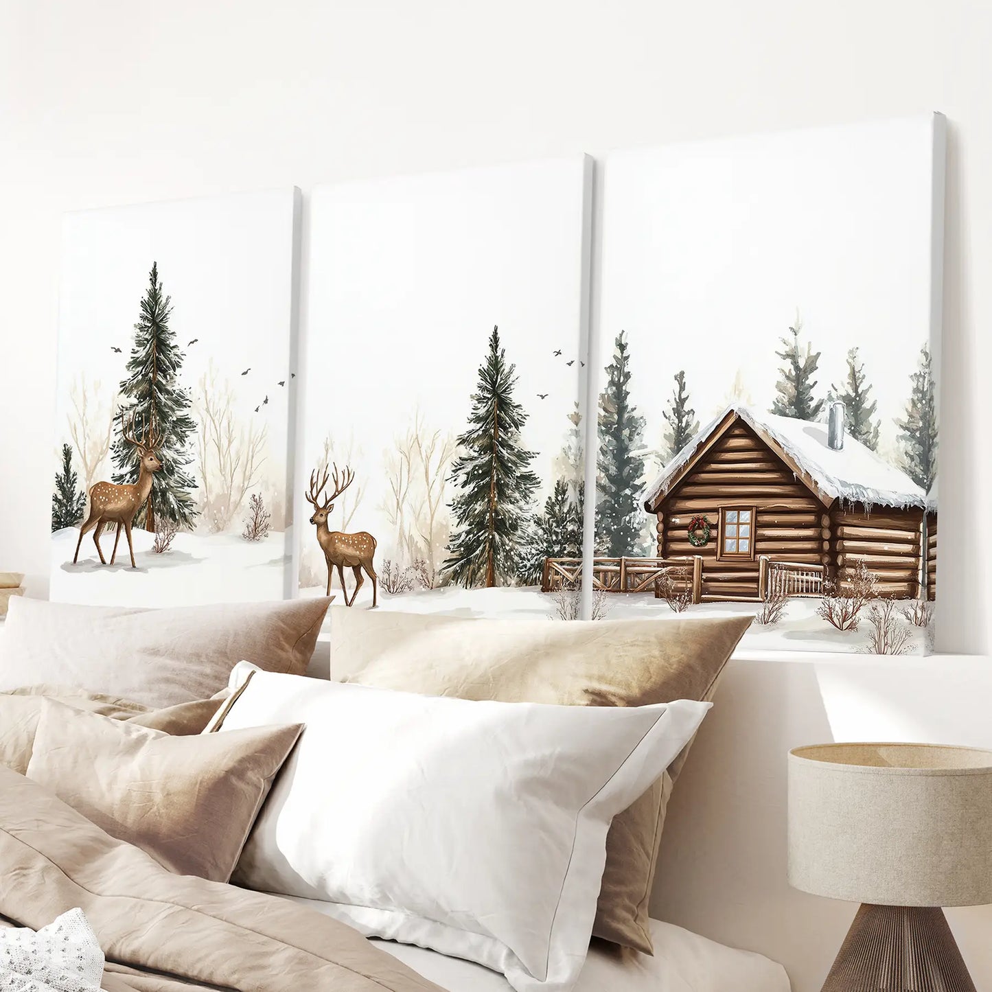 Deer and Cabin Winter 3 Piece Rustic Nordic Wall Art