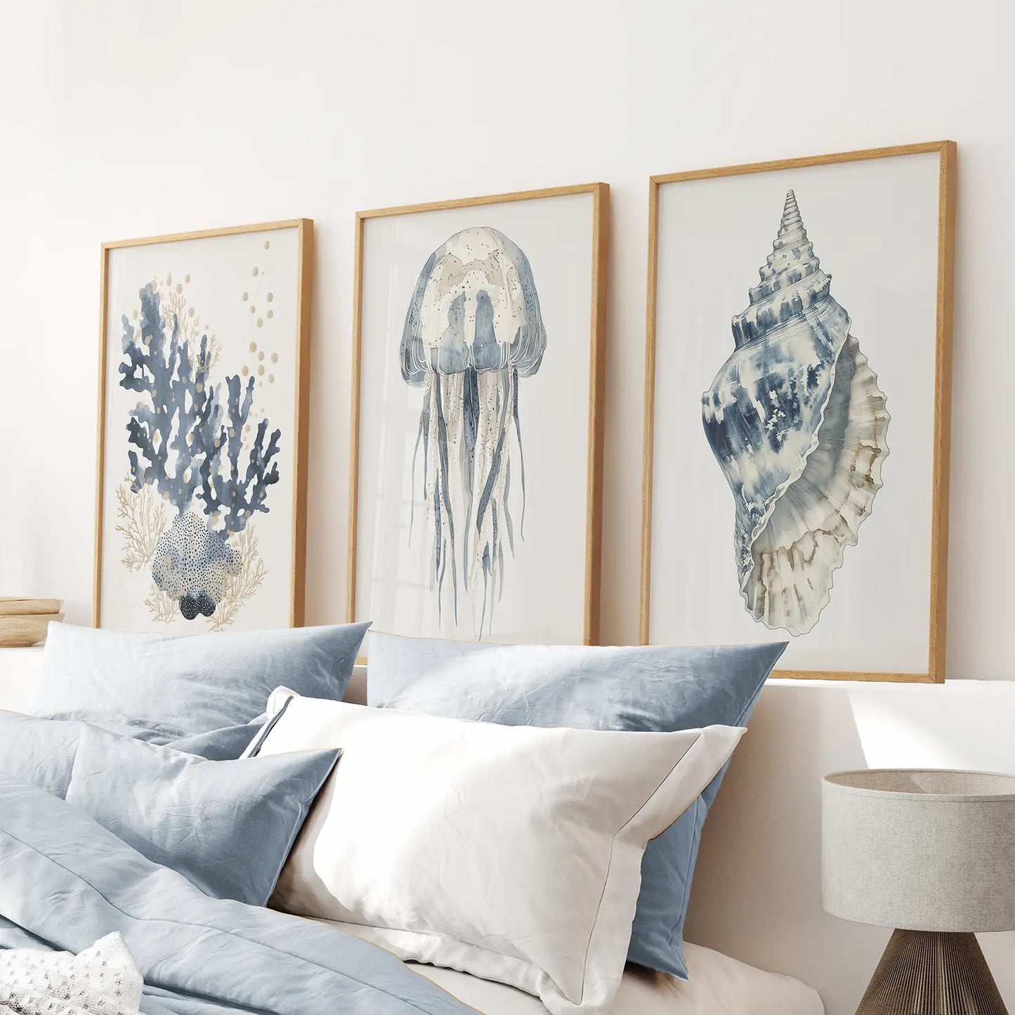 Set of 3 beach house coral jellyfish shell coastal wall art prints