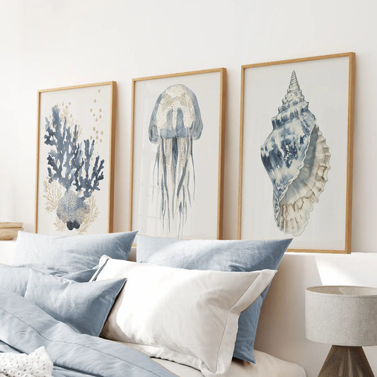 Set of 3 beach house coral jellyfish shell coastal wall art prints