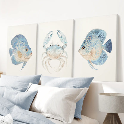 Coastal Ocean Life Wall Art Set of 3 - Fish and Blue Crab
