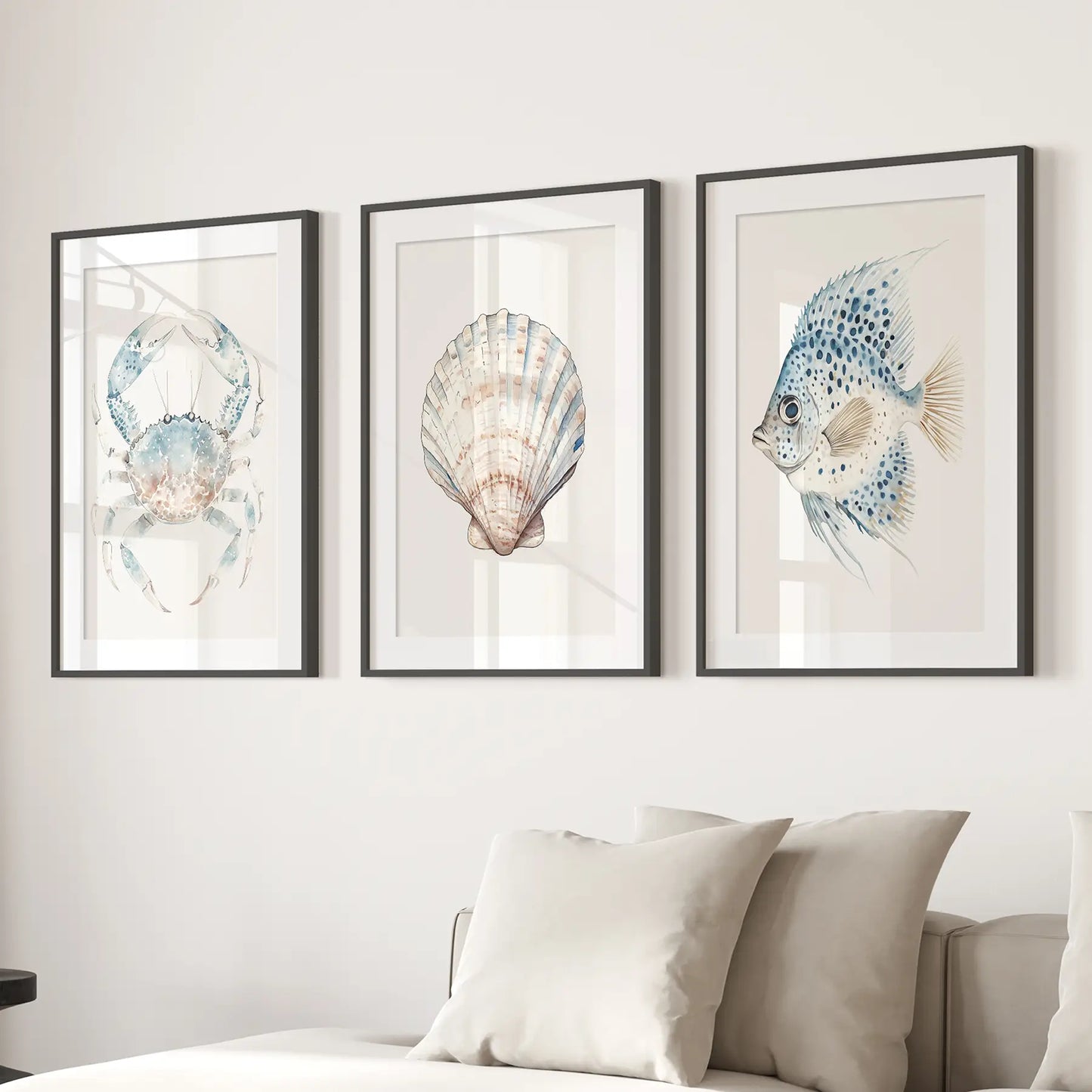 Watercolor Nautical Wall Art Set Crab Shell Fish