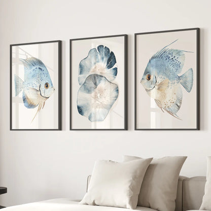 Modern Watercolor Coastal Fish Wall Art Poster Set