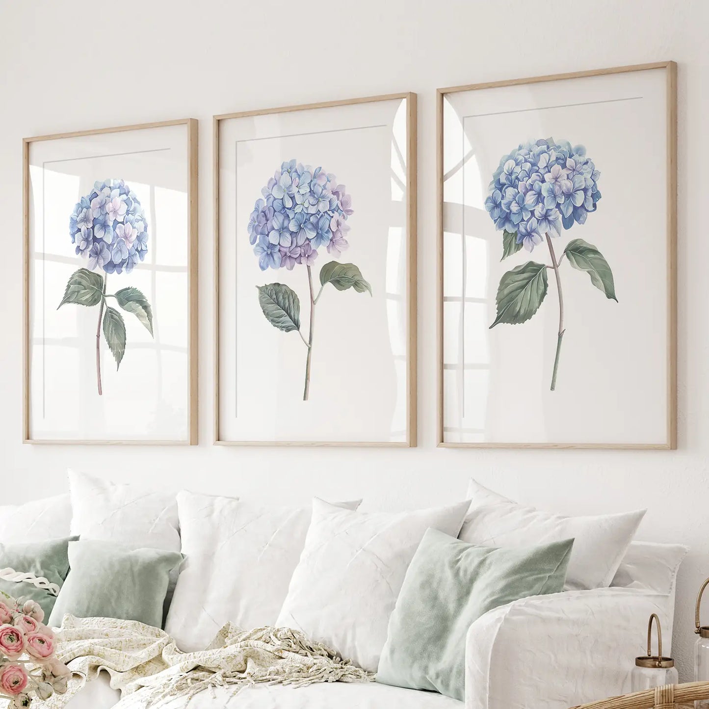 Light Blue Hydrangea Wall Art Set of 3 Floral Prints