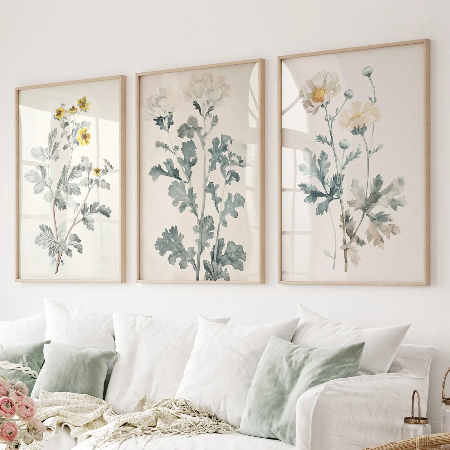 Meadow flower wall art set of 3 watercolor prints