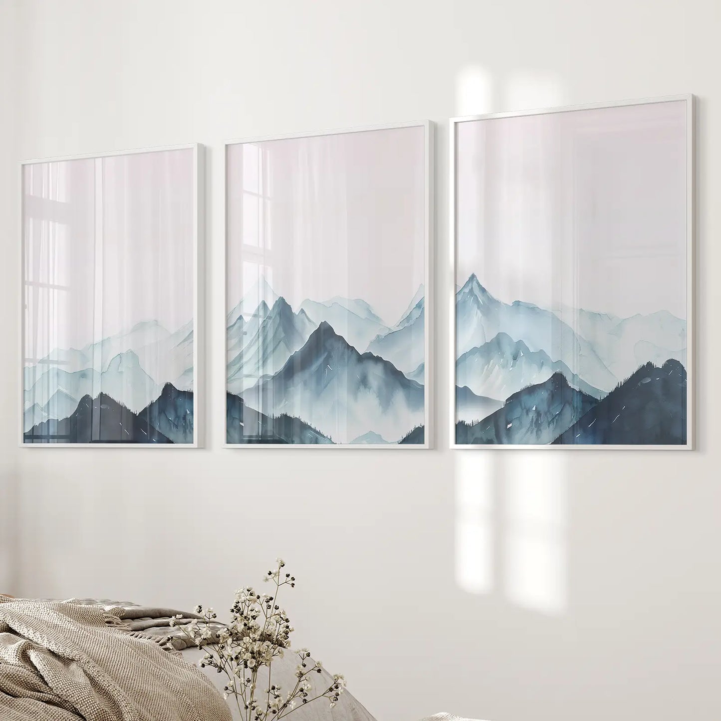 Modern Blue Mountain Landscape Wall Art Set of 3