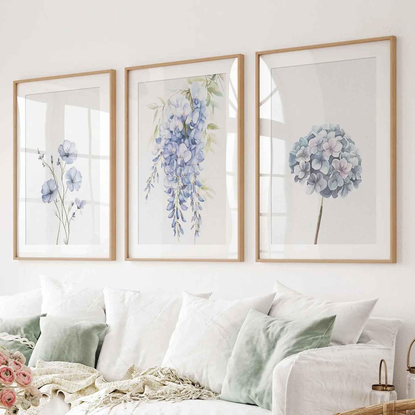 Blue watercolor flowers wall art set of 3 botanical prints