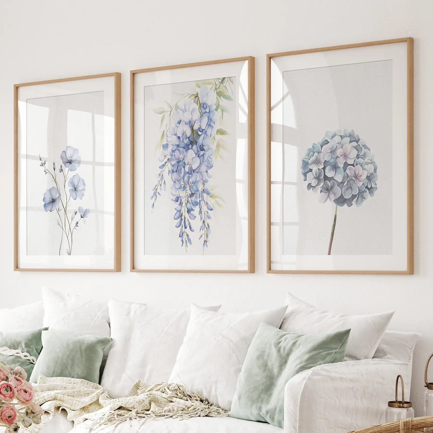 Blue watercolor flowers wall art set of 3 botanical prints
