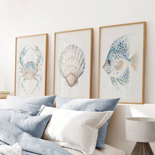 Set of 3 watercolor nautical crab shell fish coastal wall art prints