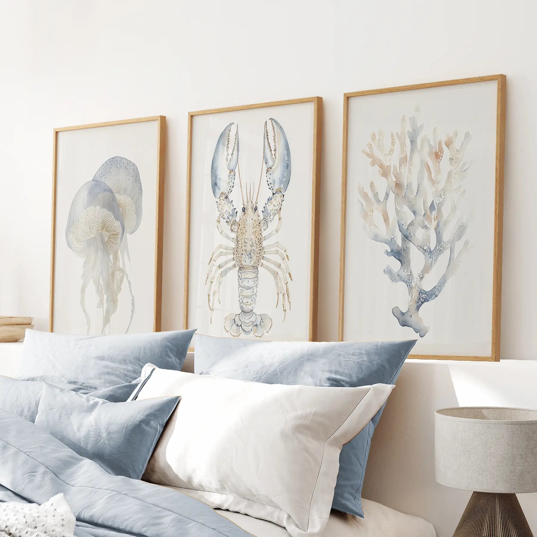 Ocean animal wall art jellyfish lobster coral set of 3