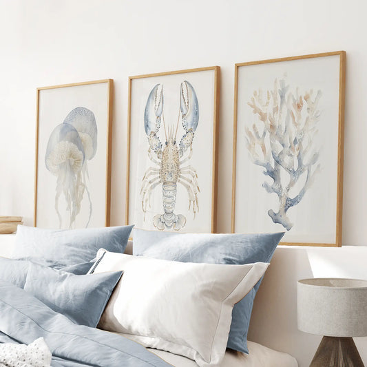 Ocean animal wall art jellyfish lobster coral set of 3