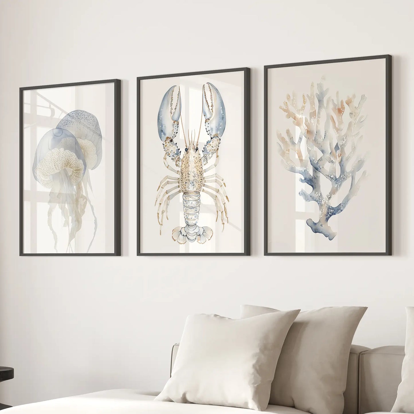 Ocean Animal Wall Art Set of 3, Jellyfish Lobster Coral