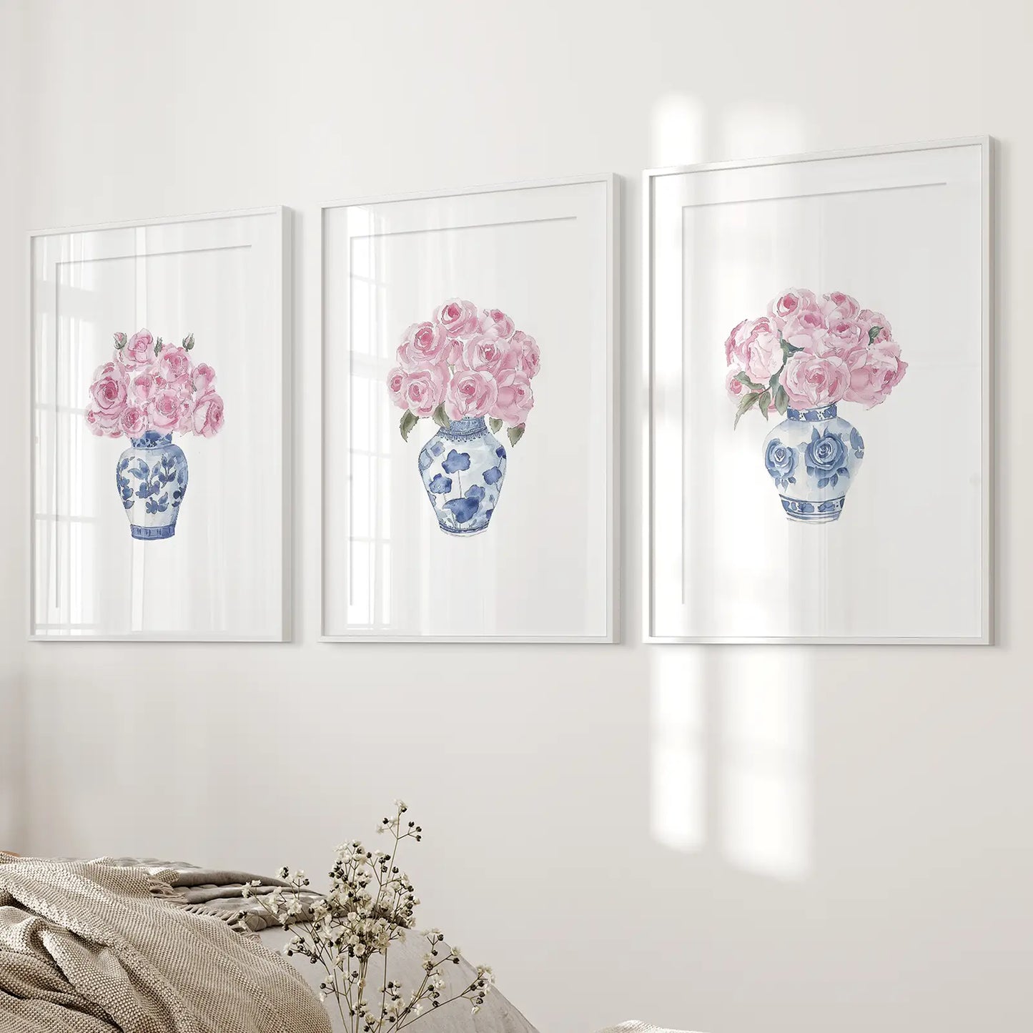 Blue Chinoiserie Roses Wall Art Set of 3 Floral Prints