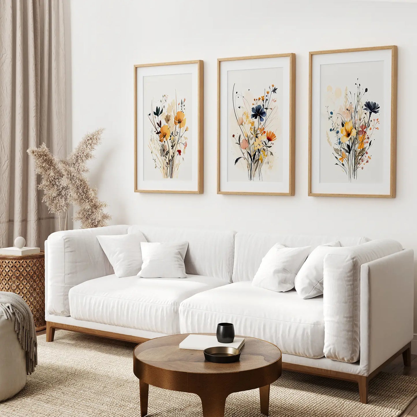 Neutral Wildflower Wall Art Set of 3 Watercolor Prints