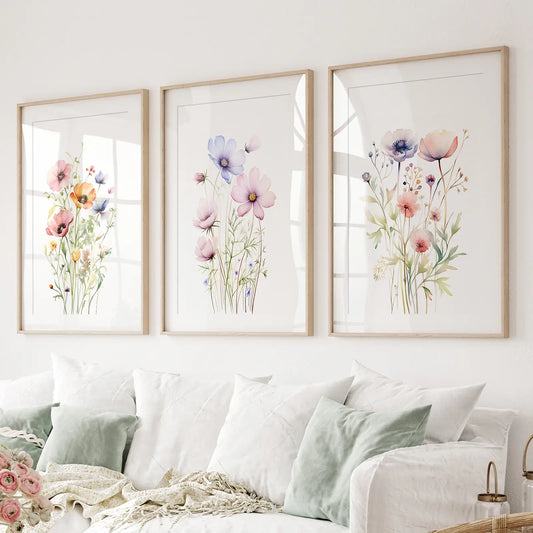 Watercolor wildflower botanical wall art set of 3