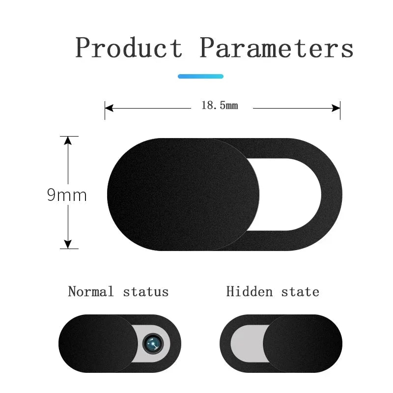 Webcam privacy cover dimensions 18.5mm x 9mm showing normal and hidden state for camera lens protection