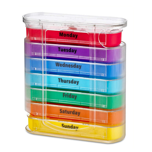 Weekly pill organizer 7 day 4 times daily 28 compartments rainbow color coded trays