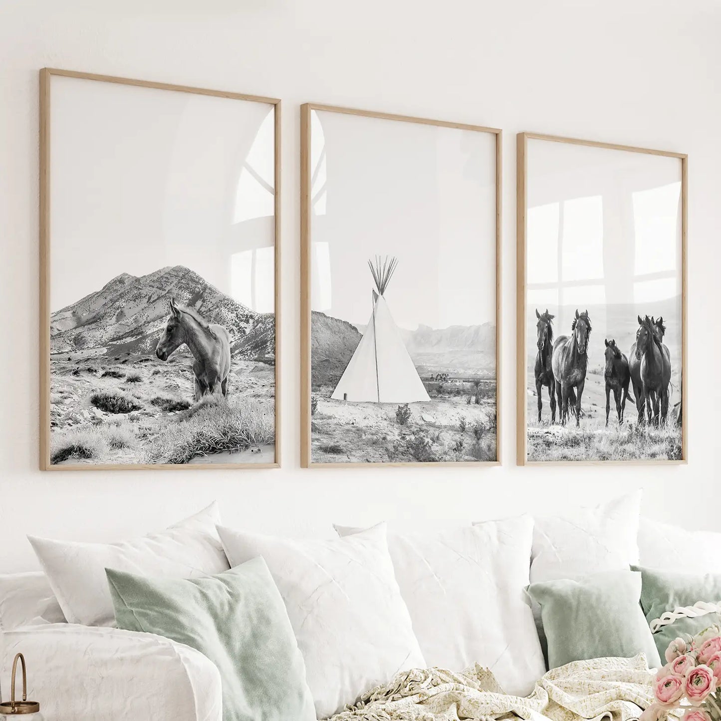 Set of 3 black and white western desert prints with wild horses and a tepee
