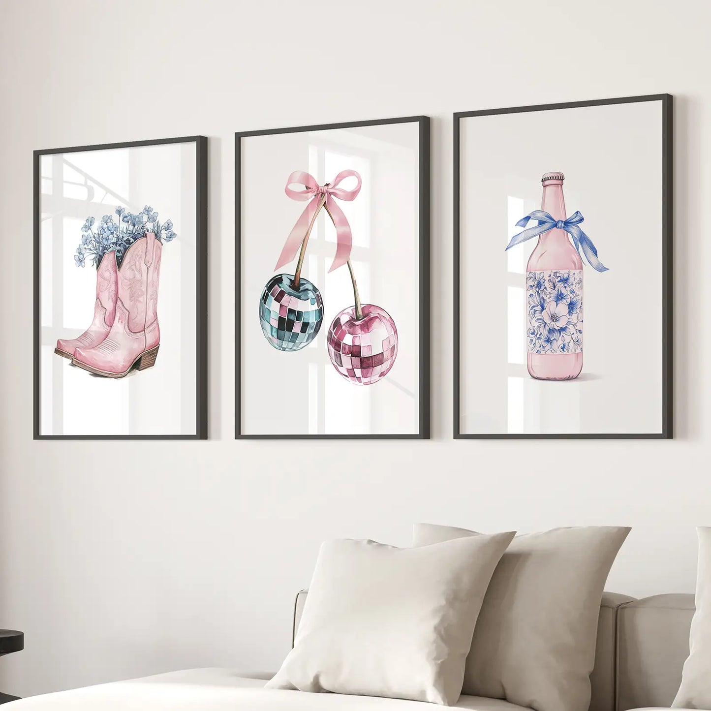 Cherries and Disco Ball Preppy Pink Wall Art Set