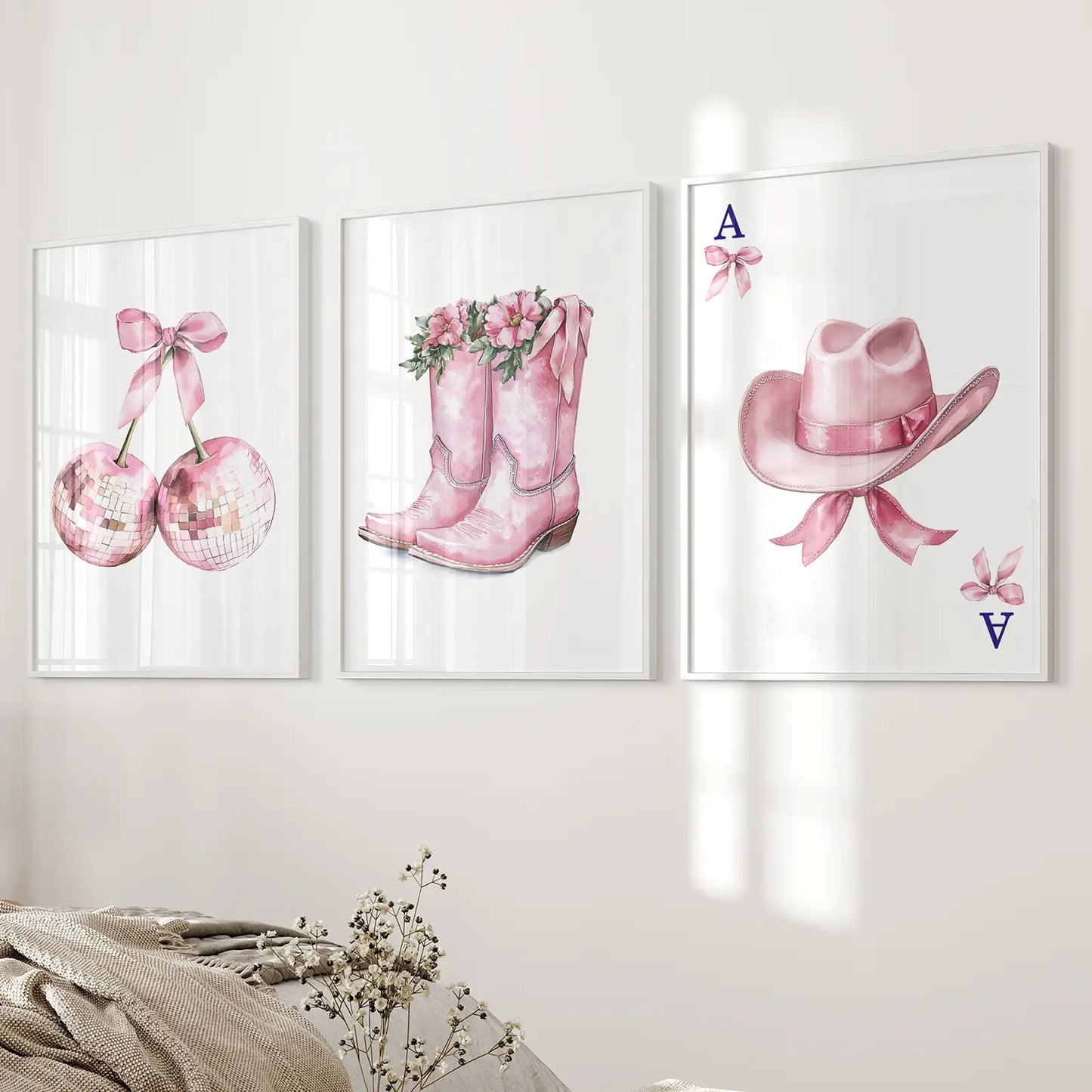 Cowgirl Hat and Boots Pink Wall Art Set of 3