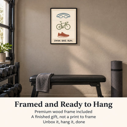 What you get: a framed ready to hang triathlon print with a premium wood frame included