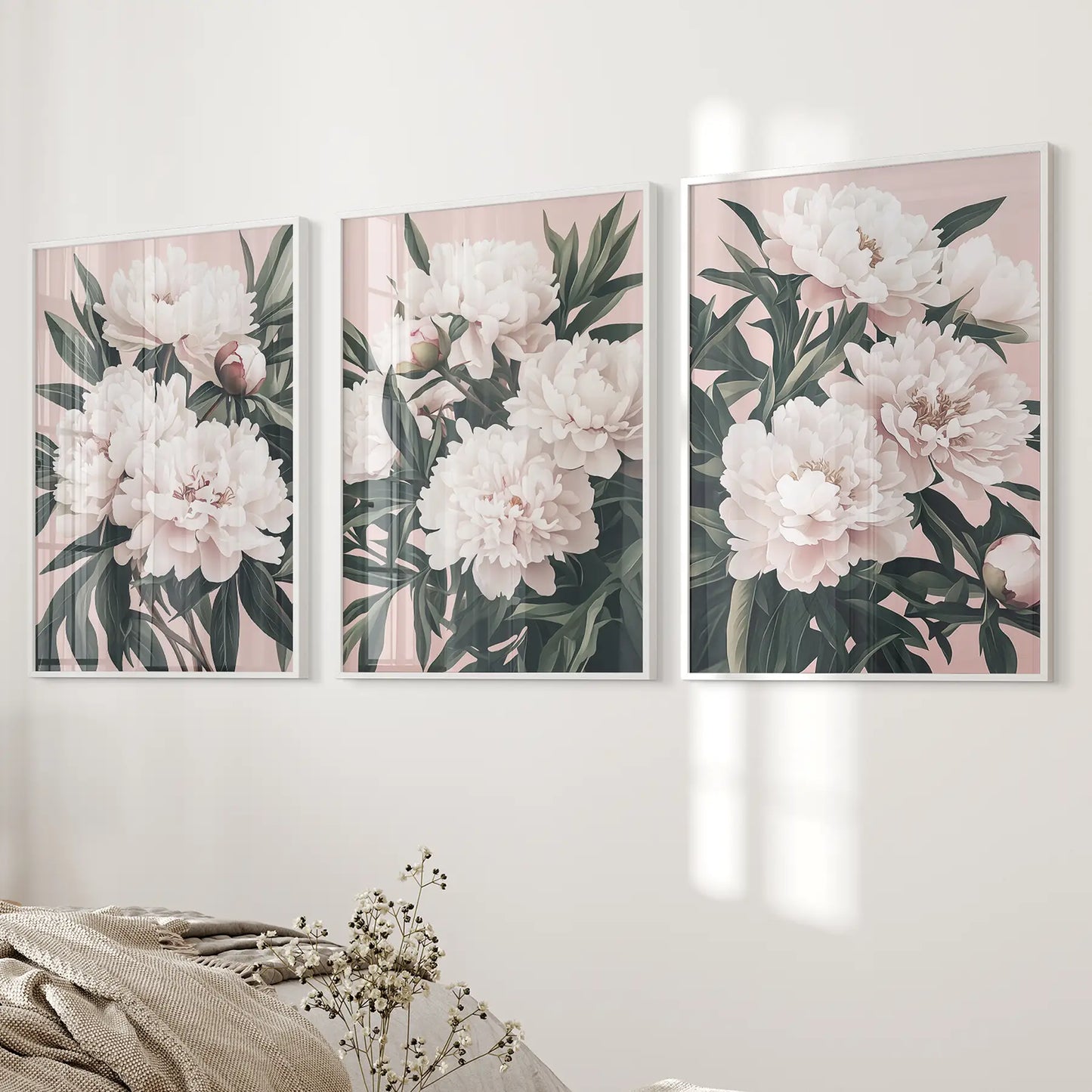 Peonies Flowers Wall Art Set of 3 Pink Green Prints