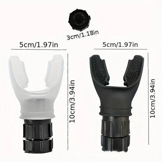 White and black breathing trainer mouthpiece with adjustable airflow showing dimensions 10cm height and 5cm width with screw cap