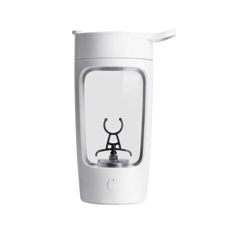 White automatic mixing fitness cup with transparent window and built-in whisk blade