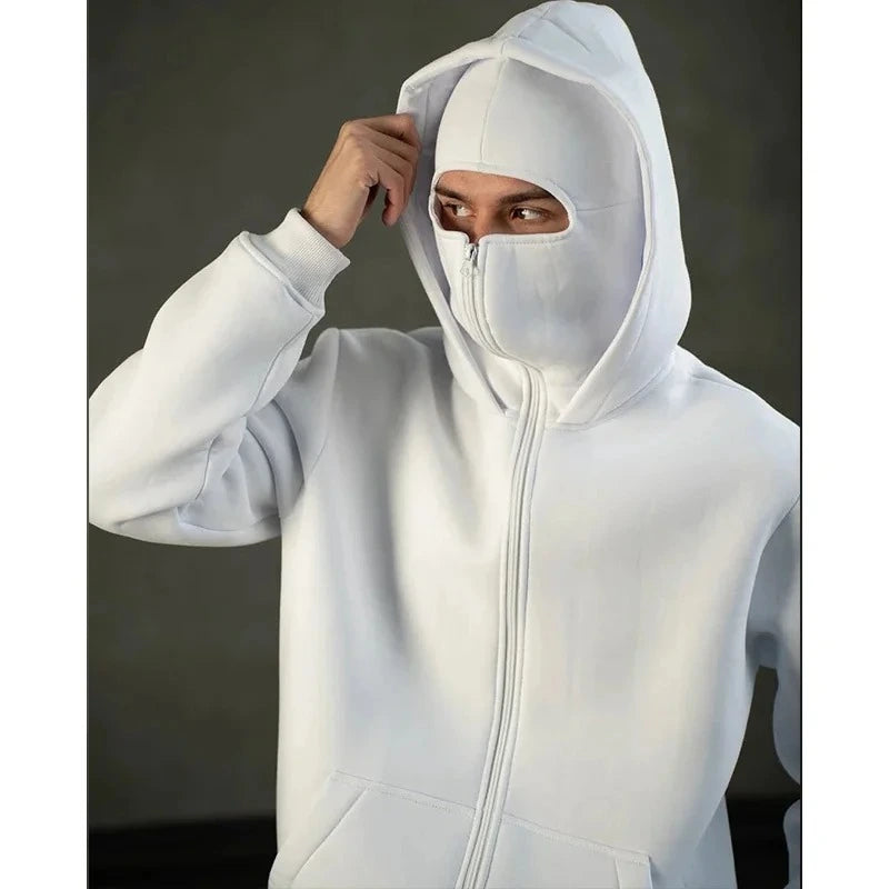 White balaclava hoodie integrated mask Y2K streetwear aesthetic