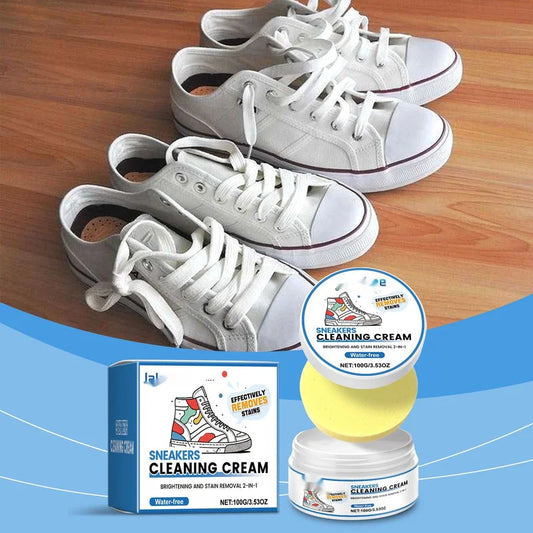 White canvas sneakers cleaned with brightening shoe cream demonstrating effective stain removal and restoration results