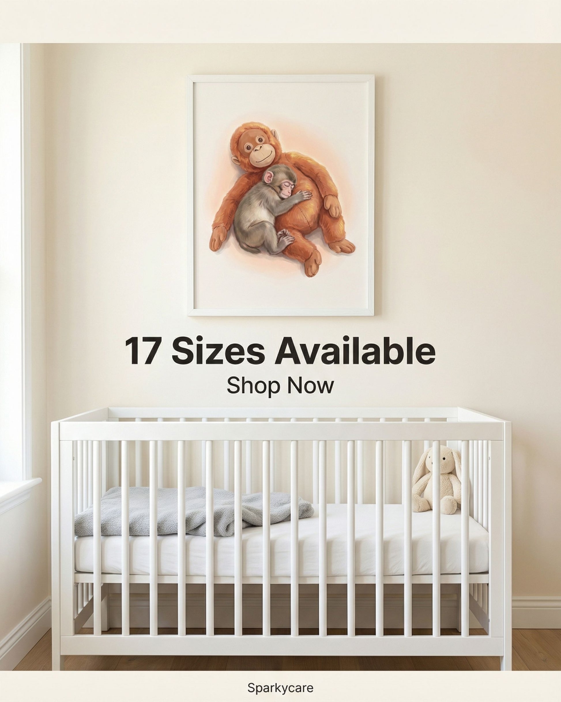 White crib in a room with a painting of two monkeys on the wall, and text indicating 17 sizes available and a call to action to shop now.