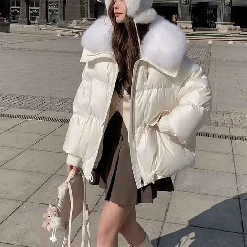 White down cotton padded jacket women's outdoor style with oversized fur collar