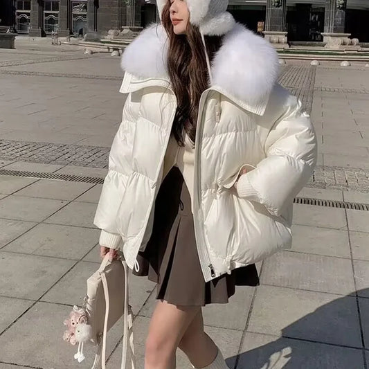 White down cotton padded jacket women's outdoor style with oversized fur collar