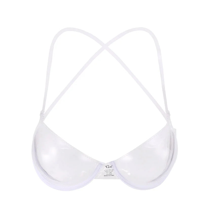 White invisible clear strap bra with criss-cross back design and transparent TPU shoulder straps