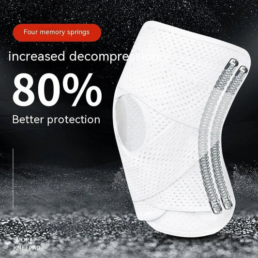 White knee brace with four memory springs providing 80% increased decompression and better protection for meniscus