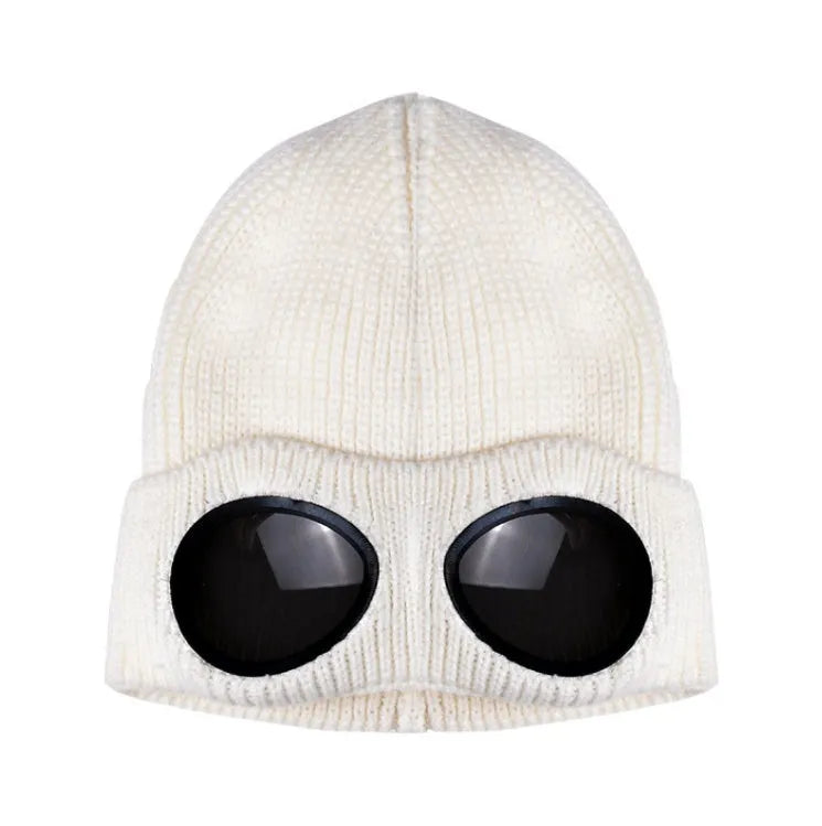 White knitted wool hat with integrated goggle lenses, front view