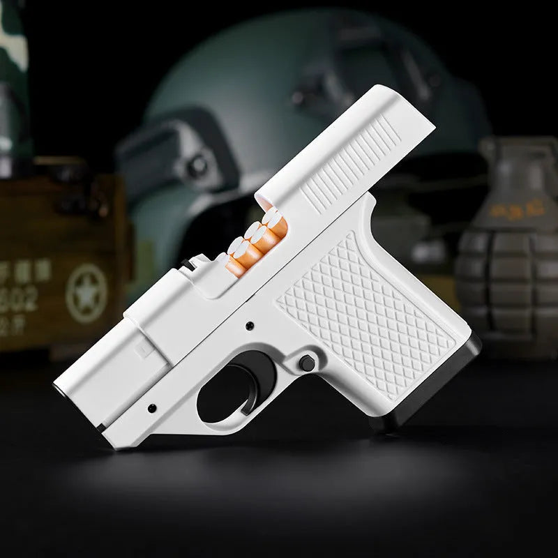 White novelty trigger click display toy shown from side angle