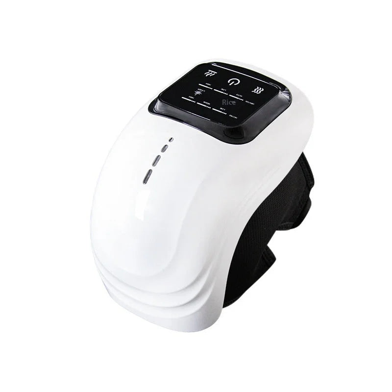 White rechargeable smart knee massager with digital control panel and adjustable strap for pain relief therapy