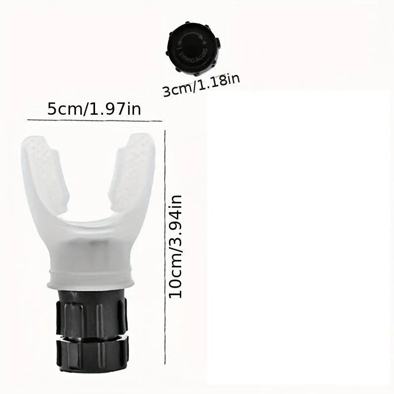 White silicone breathing exercise mouthpiece with textured bite grip and adjustable black airflow control base with measurements